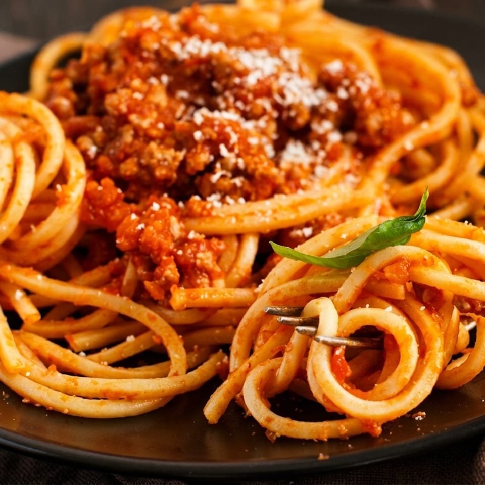 Close-up of bucatini pasta with bolognese sauce, parmesan, and basil, with a fork twirling noodles.